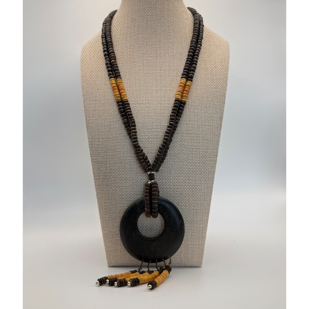 Vintage‎ Wood Beaded Statement Necklace Brown Tan Circle Pendant Tassel 20 Inch